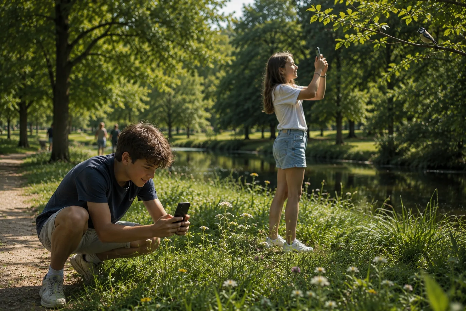To ungdommer som tar bilder av natur i parken