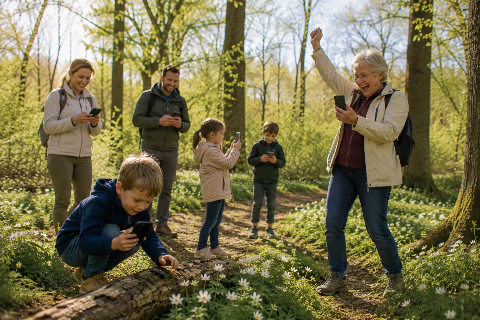 En stor familie som leker og utforsker skogen med Nature Bingo