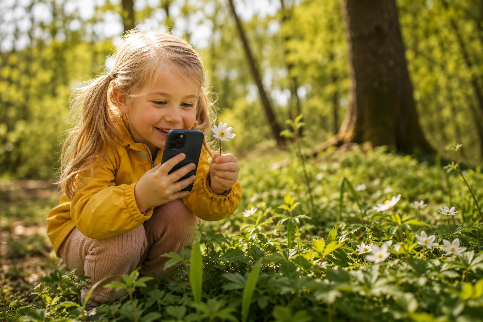 Jente i gul jakke som ser pΓ₯ en hvitveis gjennom mobilen