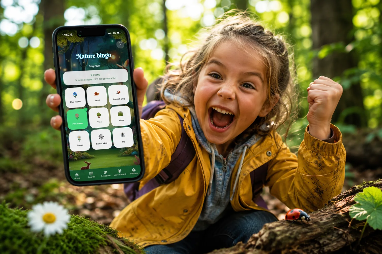 A family with two children exploring nature with a phone, Nature Bingo logo