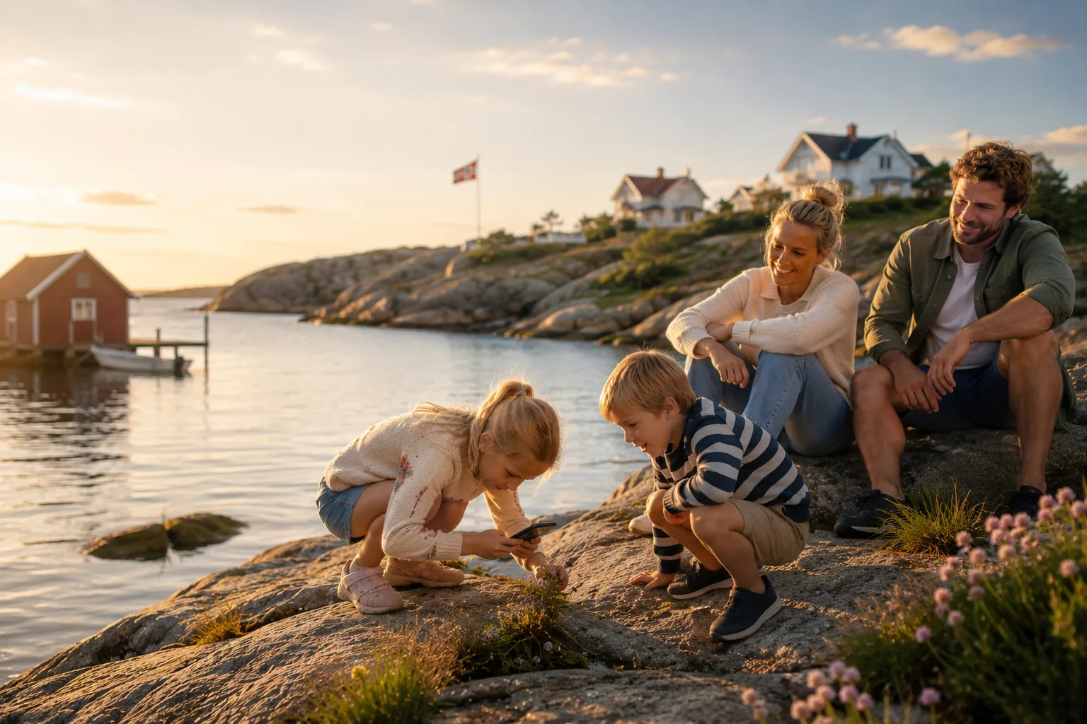Familie som utforsker naturen ved sjΓΈen